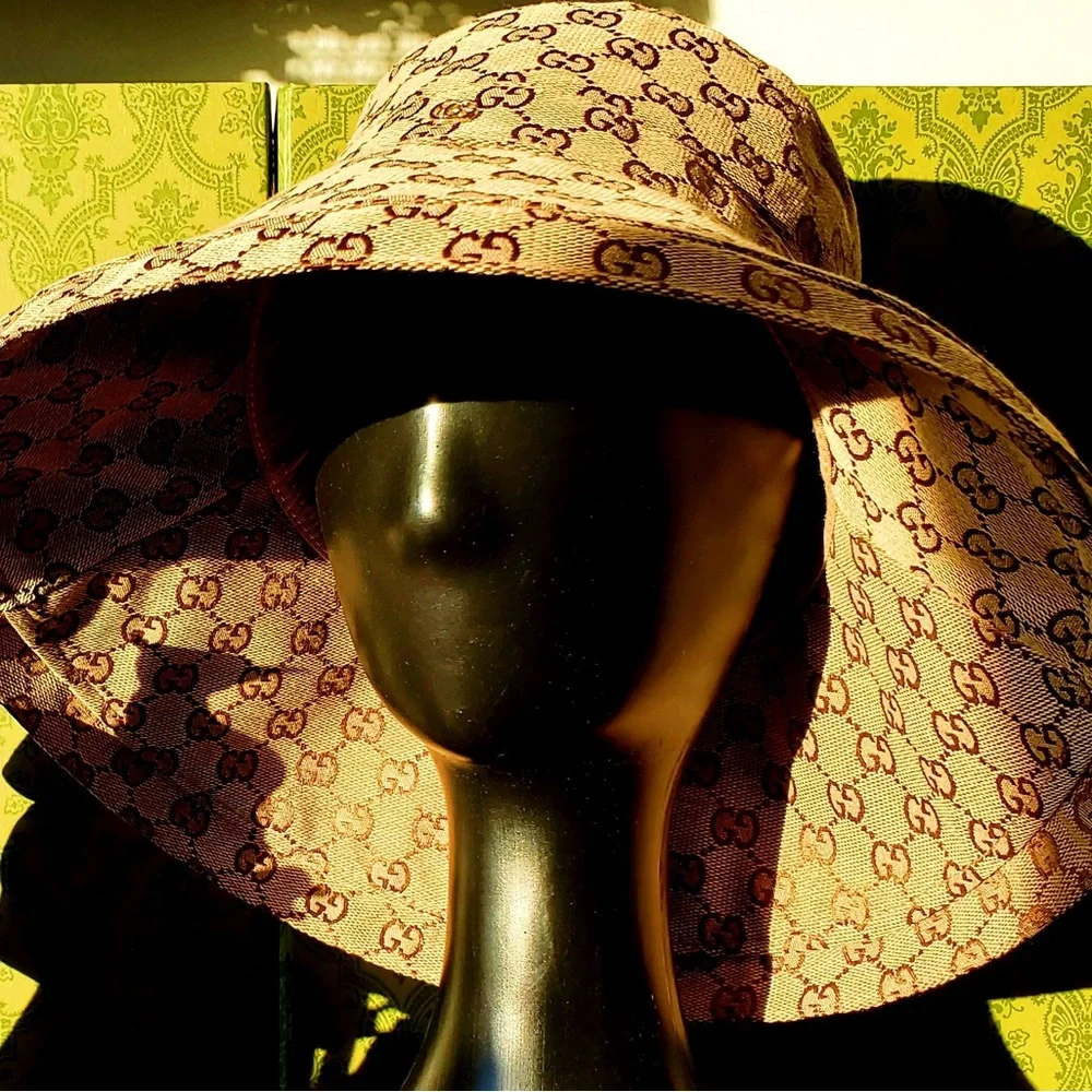 Gucci GG Monogram Bucket Hat Wide Brim Beige Tan Canvas Jacquard Sun Coverage - Picture 12 of 16